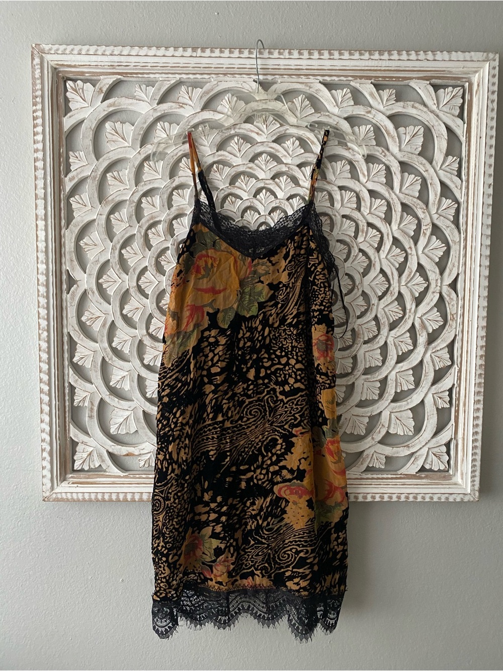 Floral Lace Trim Slip Dress in Black with Mustard & Olive Accents